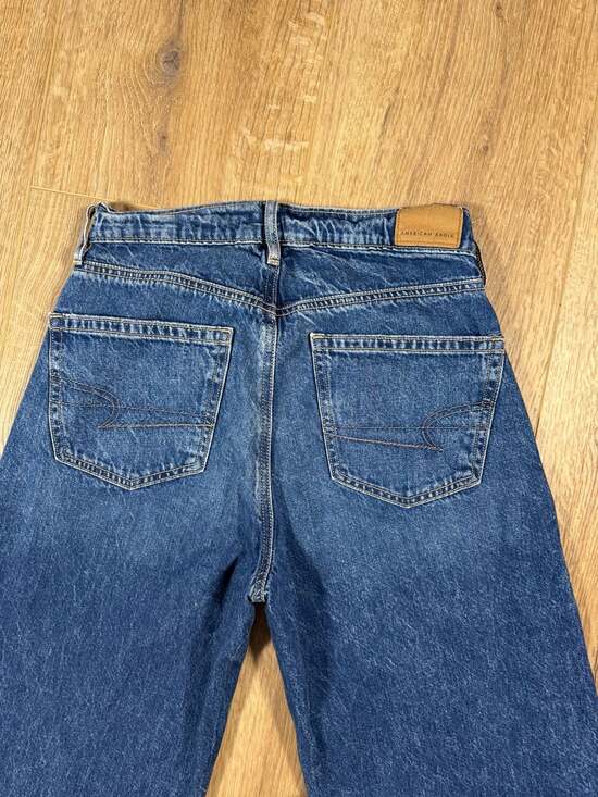 American Eagle Super High Rise Baggy Wide Leg Jeans Blue 00R Raw Hem Y2K - Picture 8 of 8